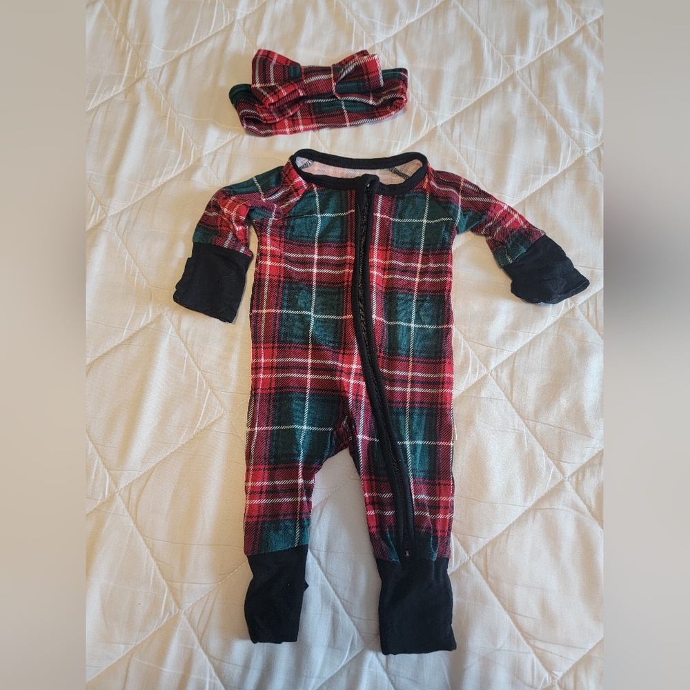 Little Sleepies Preemie Red and Green Plaid Footie with Bow